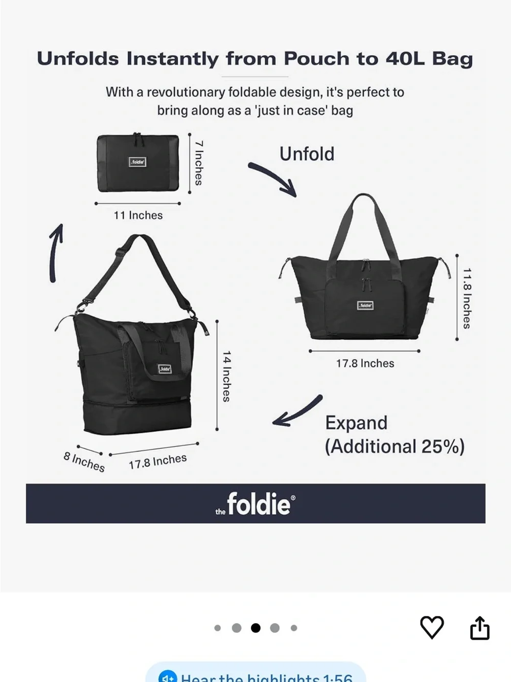 NWOT The Foldie Bag Weekender Carry On Tote